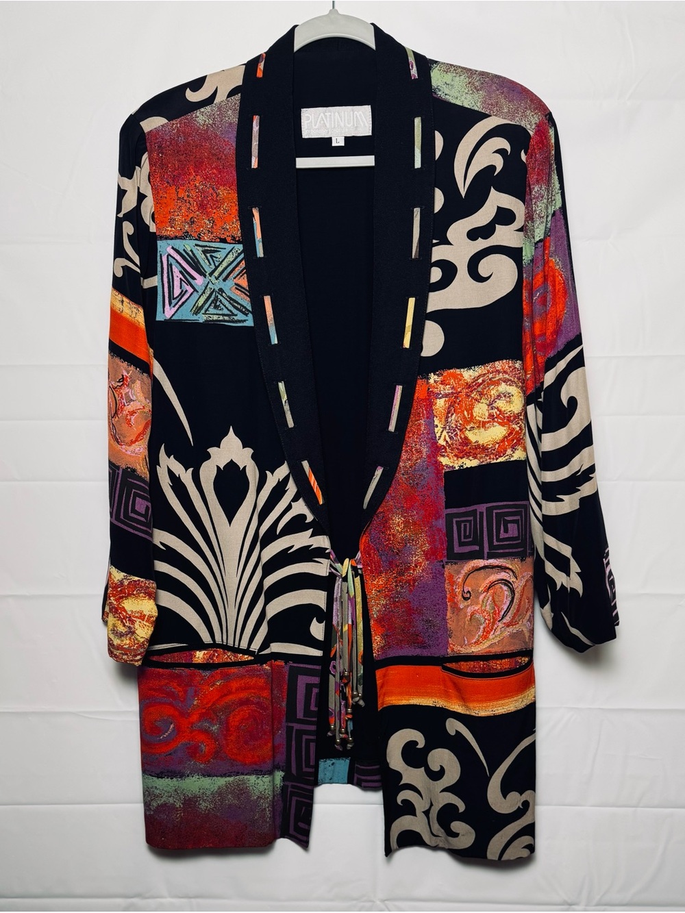 VTG Platinum Black Multicolor Women’s Long Tunic Jacket, Large. NWOT